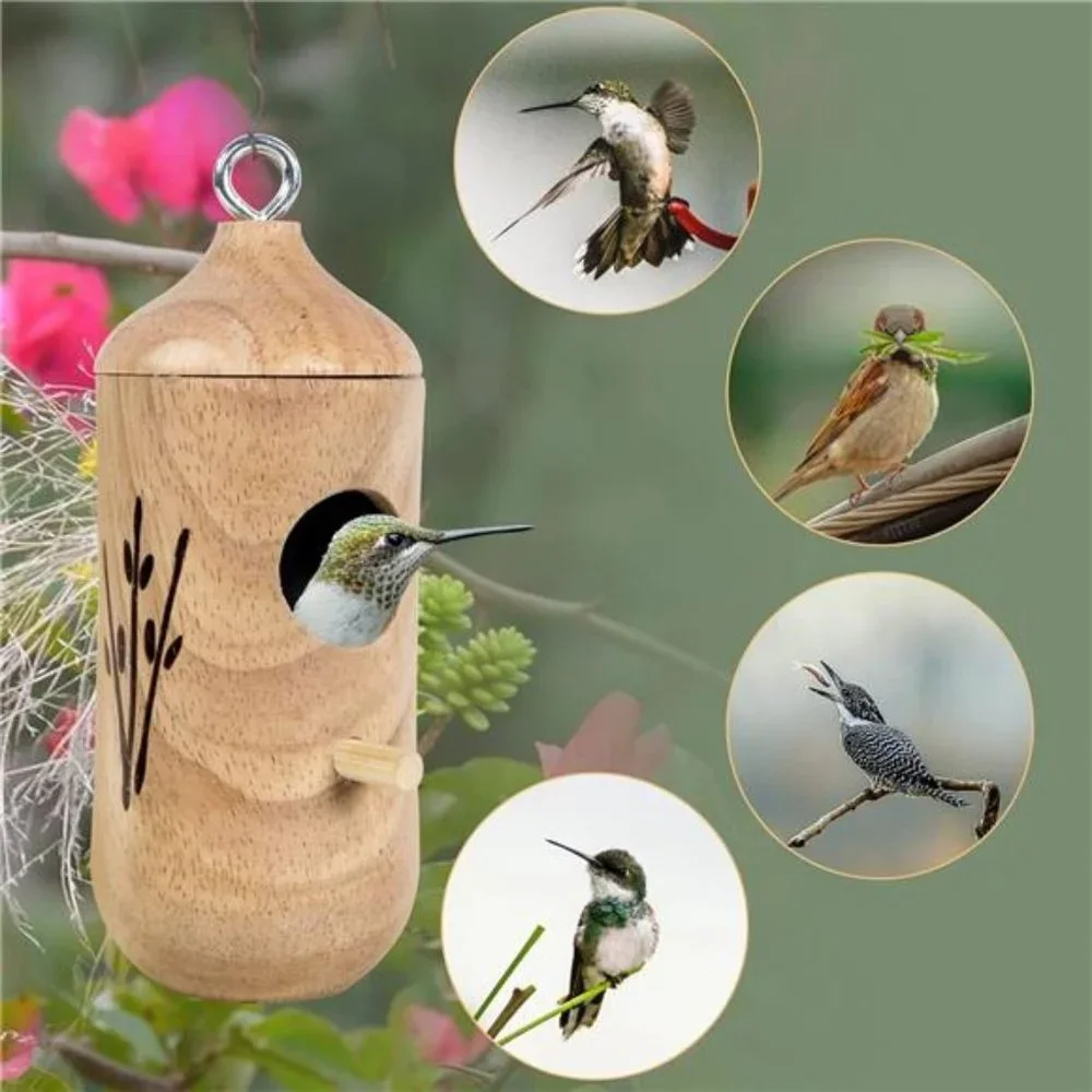 Hummingbird House for Outside Hanging,Wooden Humming Bird Nest 3 Pcs with Ropes